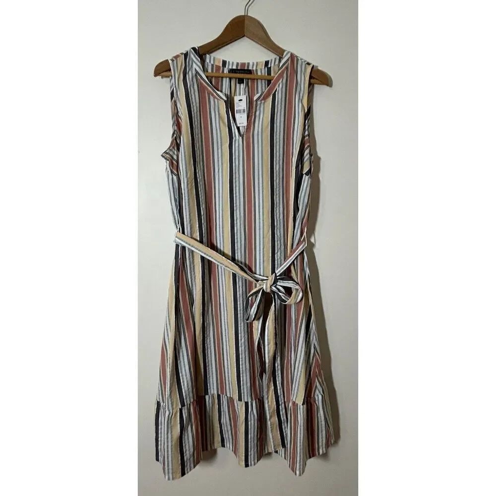 Lane Bryant Plus Size 16 Vertical Striped Notched V-Neck Sleeveless Dress Belted